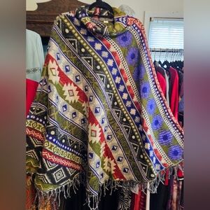 Colorful Geometric Patterned 100% Wool Cowl Neck Poncho. Very Soft Not Itchy.
